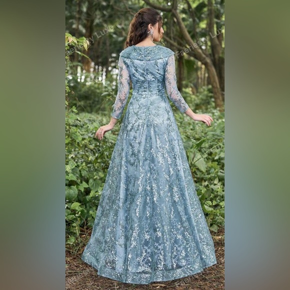 Sequin Asymmetrical Neck 3/4 Sleeves Formal Dress Woman Formal Ball Gown. - Picture 9 of 10